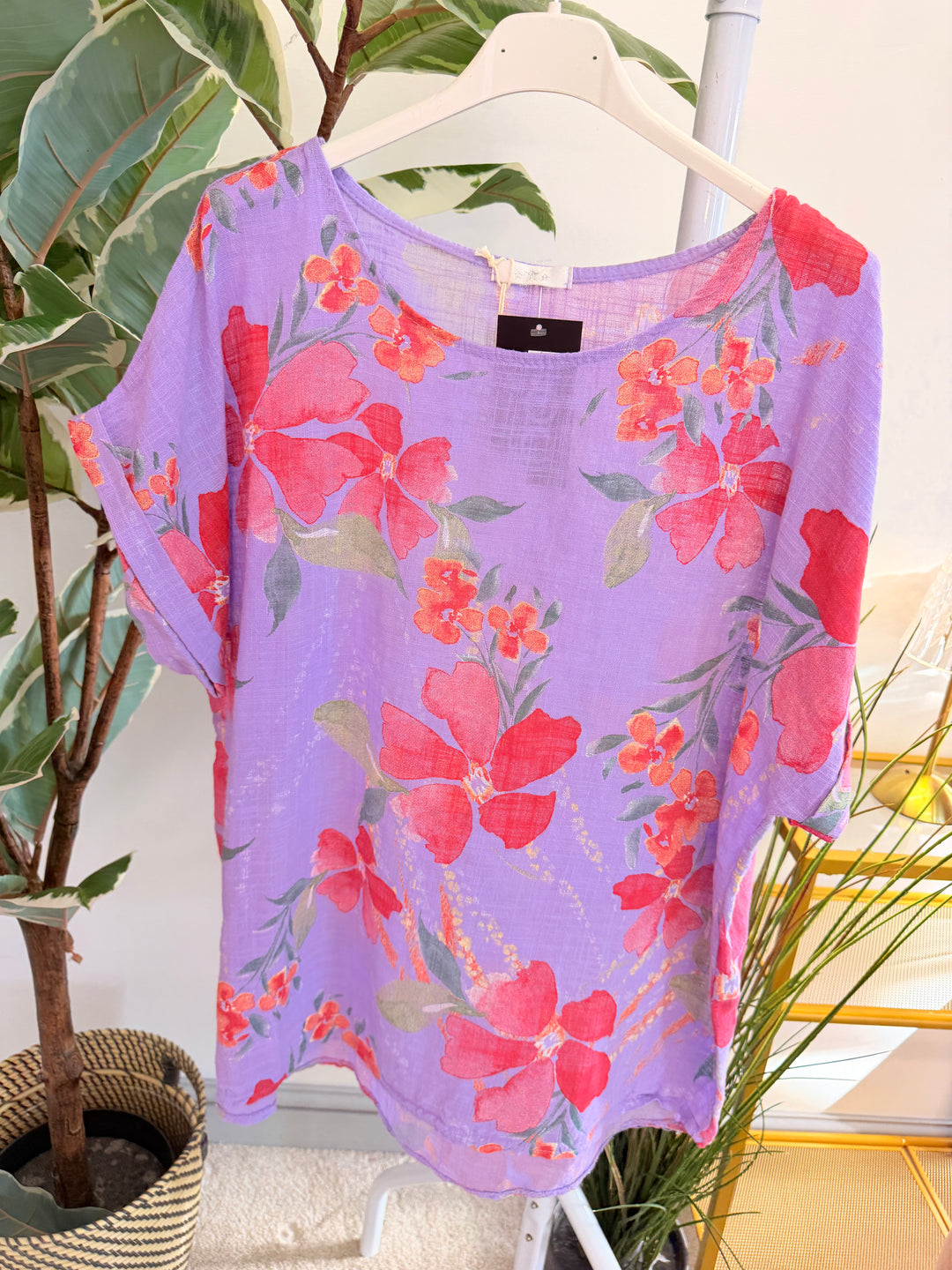 Ladies Flower Print Linen Casual Top - White, Pink, Lilac & Coral
