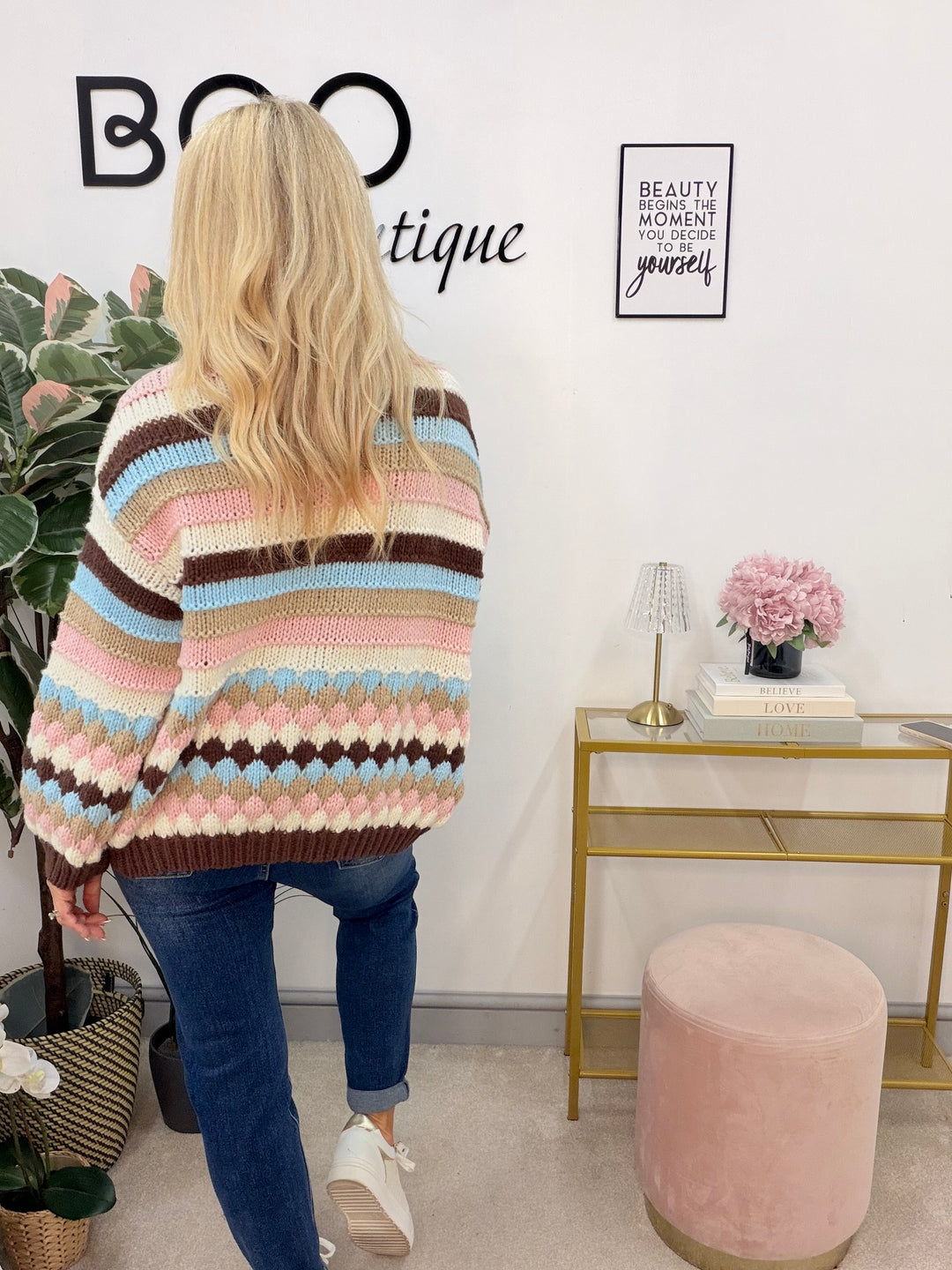 Ladies Fashion Beige Brown Blue Pink Stripe Chunky Knit Cardigan