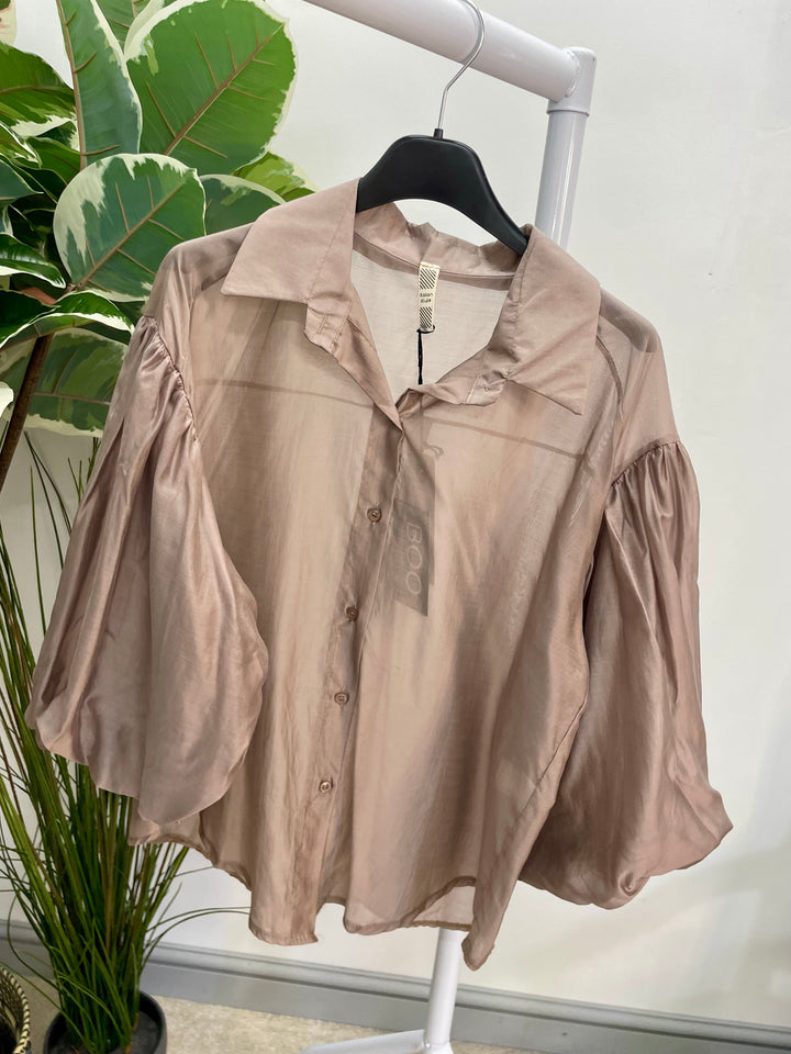 LADIES SHEER PUFF SLEEVE BLOUSE - OLIVE, BLACK, CREAM, TAUPE, WINE, BROWN