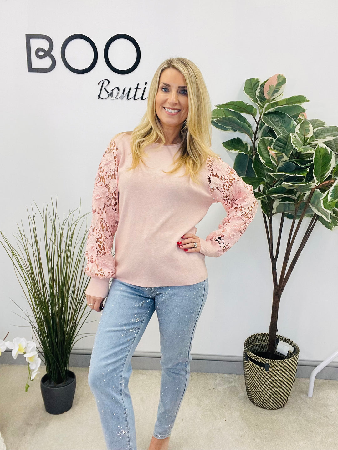 LADIES LACE SLEEVE JUMPER - BLACK, PINK, RED, BERRY,  BROWN & BEIGE