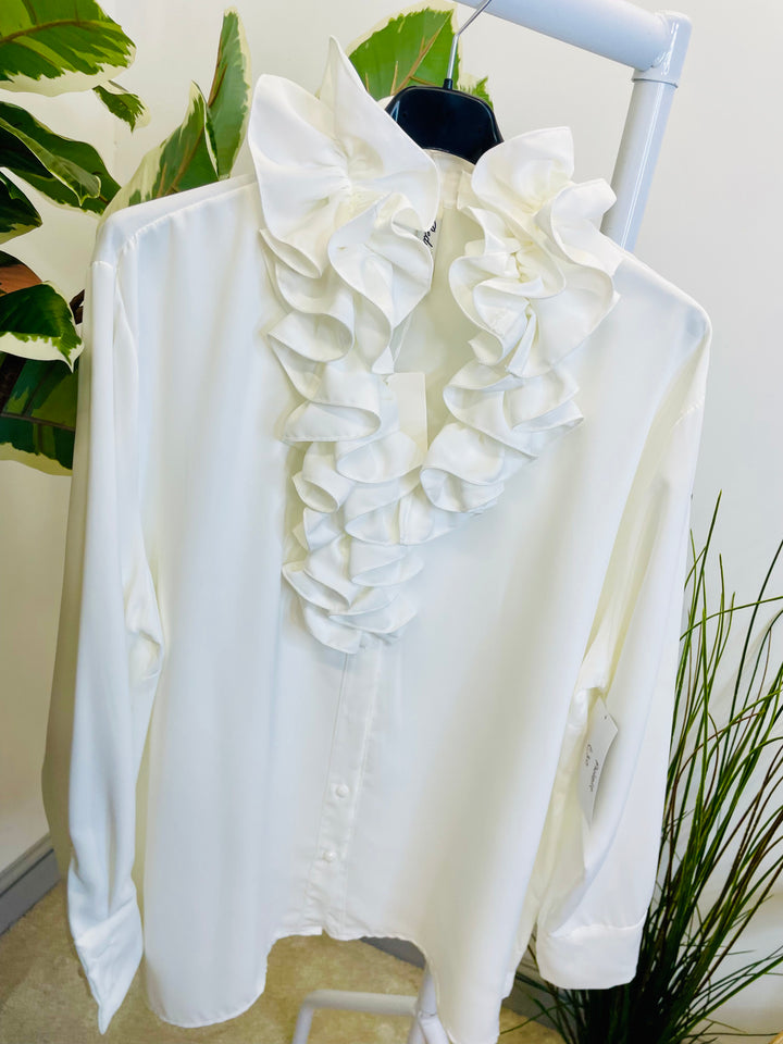 LADIES RUFFLE FRILL BLOUSE SHIRT - WHITE, BLACK, BROWN & BERRY