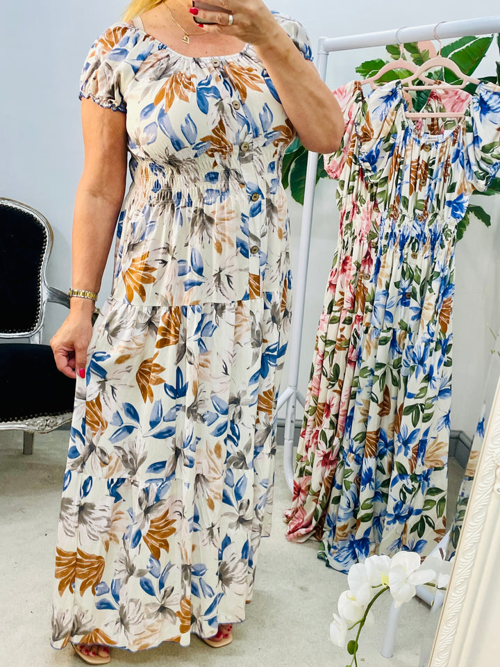 LADIES FLATTERING FLORAL PRINT SUMMER MAXI DRESS - PINK, CREAM & BLUE