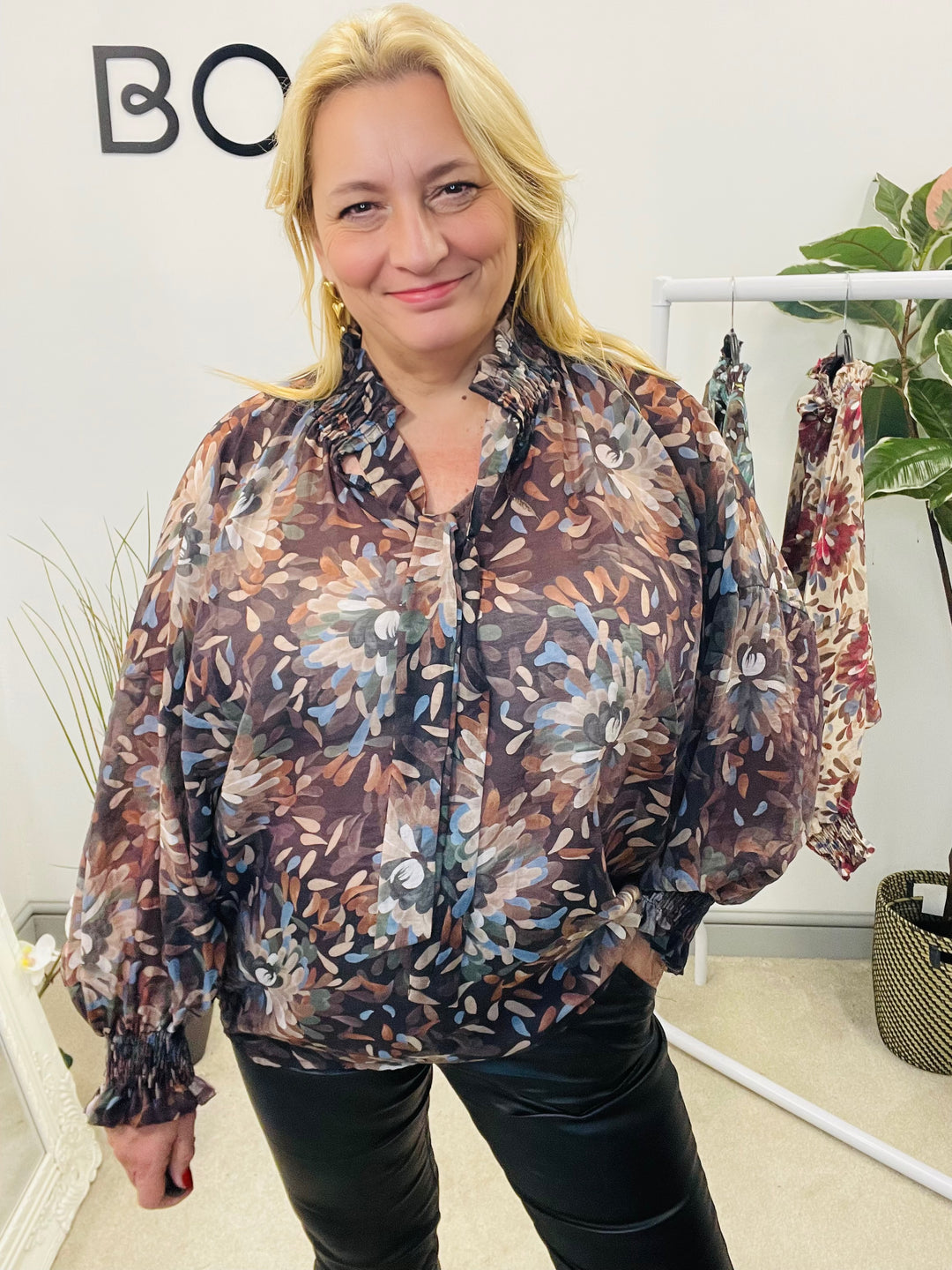 LADIES LEAF PRINT HIGH NECK BLOUSE - BEIGE, BROWN, TEAL