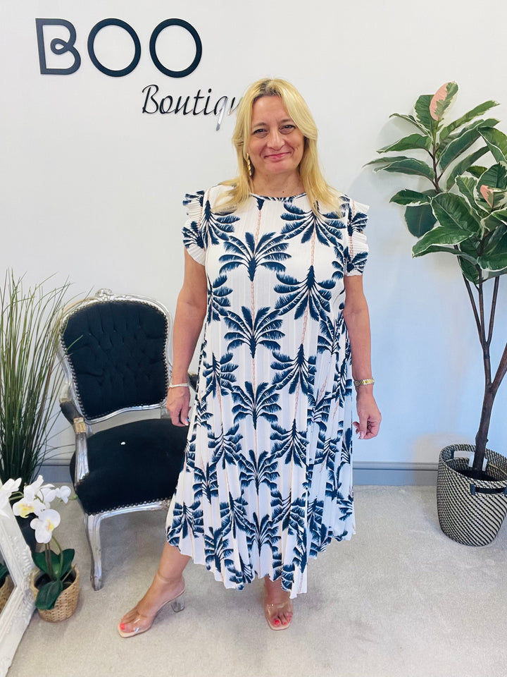 LADIES WOMENS TROPICAL PRINT PLEATED SUMMER MIDI DRESS - BLACK, KHAKI, BLUE, BEIGE & NAVY