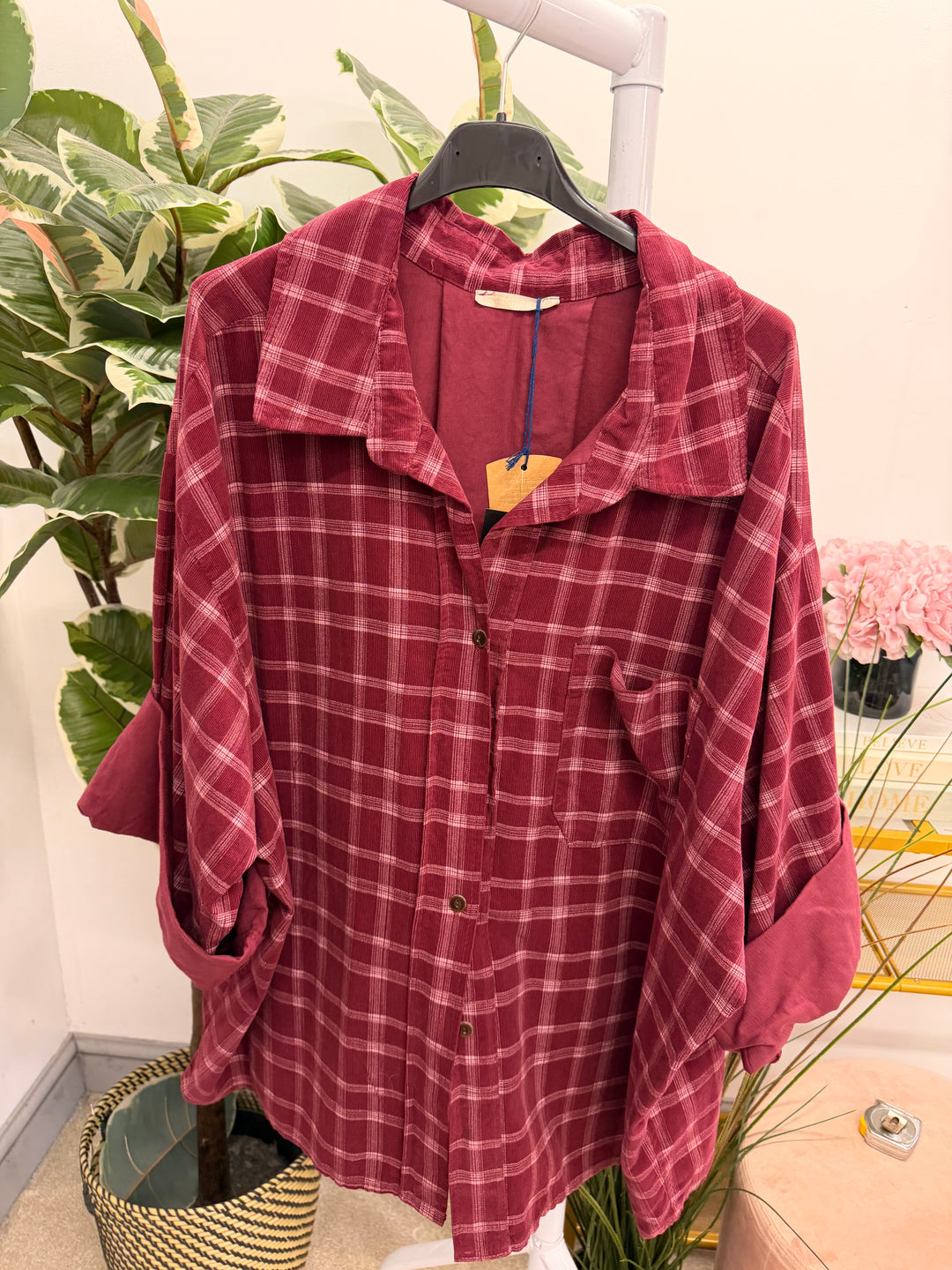 Womens cord check oversize shirt - Wine, Navy, Brown, Khaki