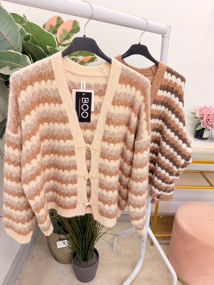Ladies Fashion Knitted Stripe Cardigan - Beige & Mocha