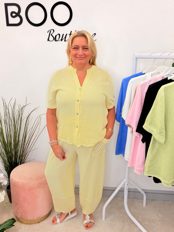 Ladies Fashion Tea Bag Linen Button Up Shirt Top lemon