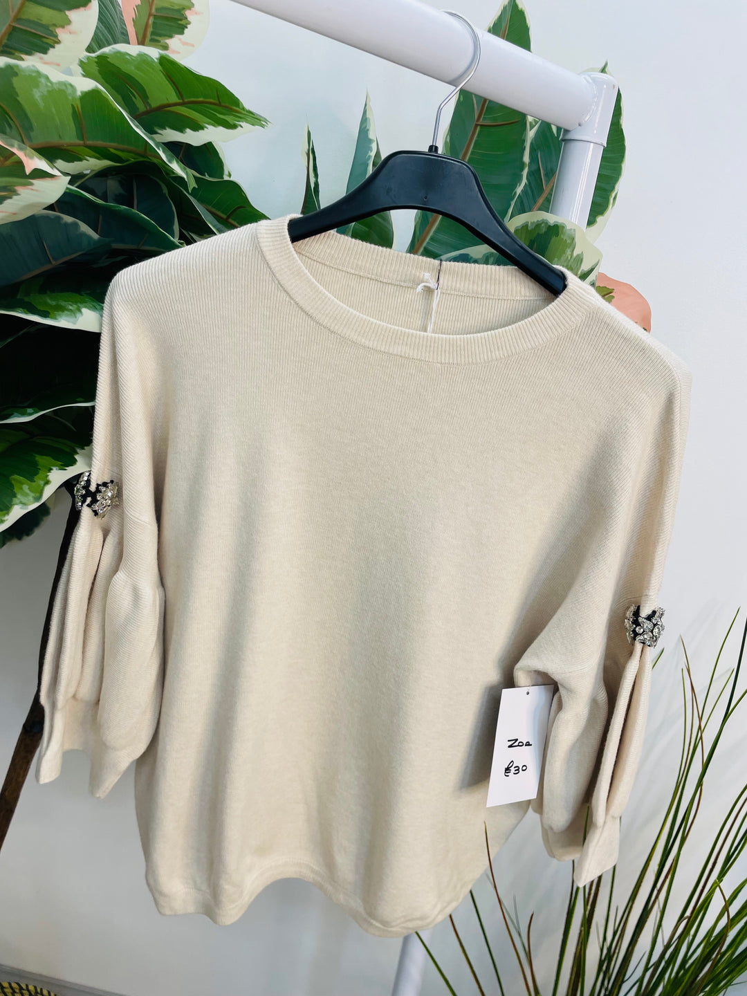 LADIES SOFT KNIT PUFF SLEEVE DIAMANTE JUMPER - BLACK, BURGUNDY, BEIGE & BROWN