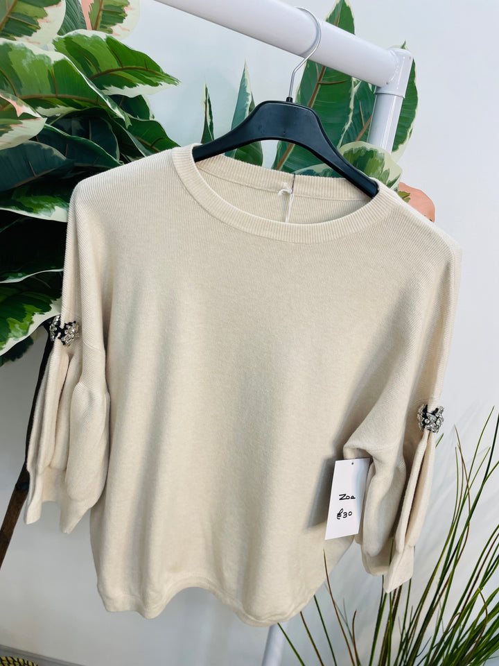 LADIES SOFT KNIT PUFF SLEEVE DIAMANTE JUMPER - BLACK, BURGUNDY, BEIGE & BROWN