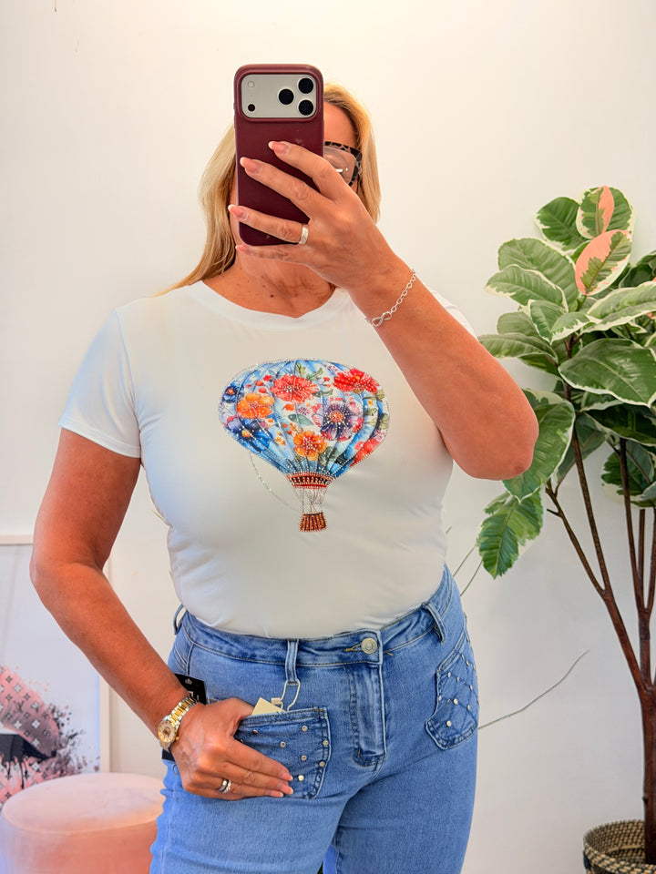 Ladies White Stretch Sparkly Balloon Tee T Shirt