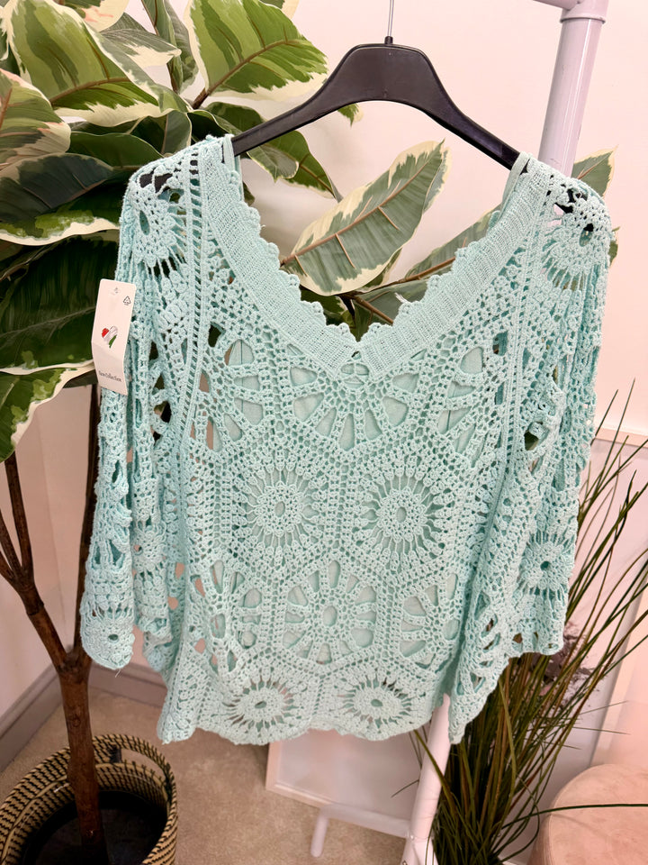 Ladies Fashion Crochet Open Knit Top mint