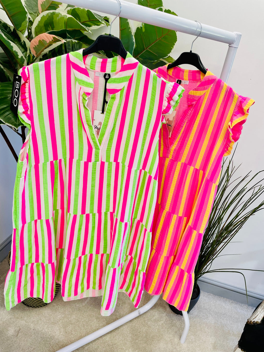 LADIES STRIPE SWING SMOCK SUMMER MIDI DRESS - PINK & WHITE