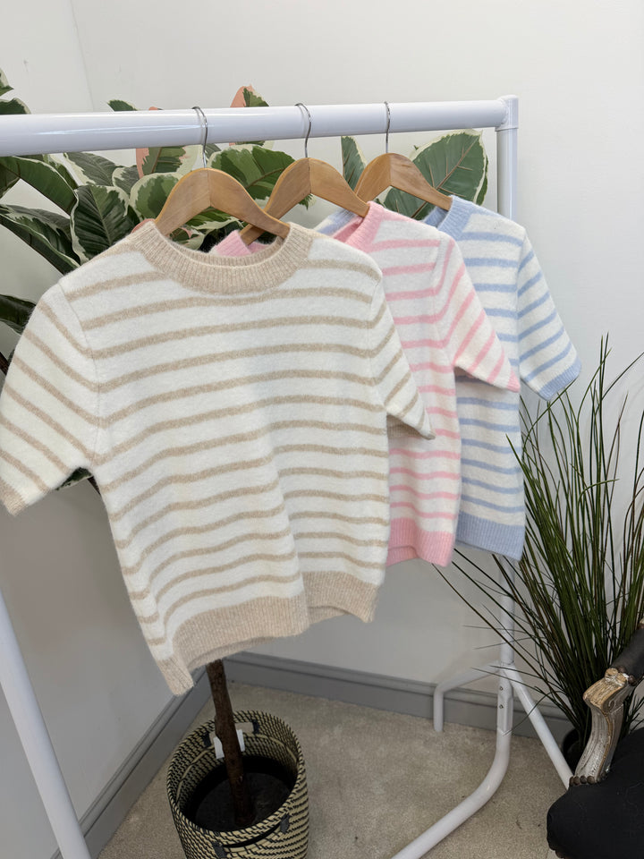 LADIES CREAM STRIPED SHORT SLEEVE JUMPER - PINK, BLUE & BEIGE