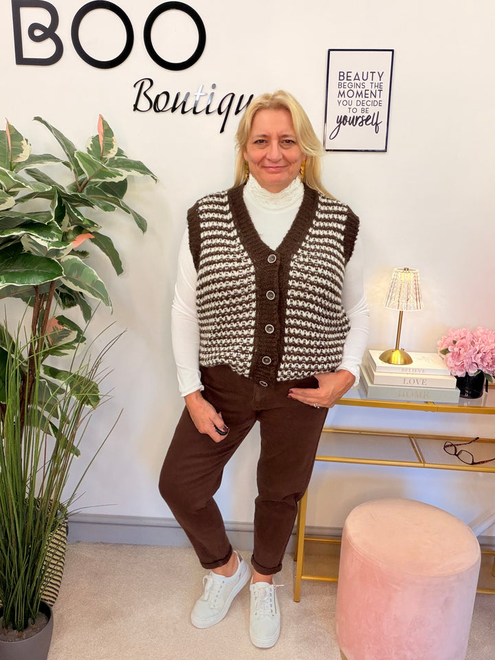Women’s herringbone knit waistcoat - navy, beige, black, mocha & brown