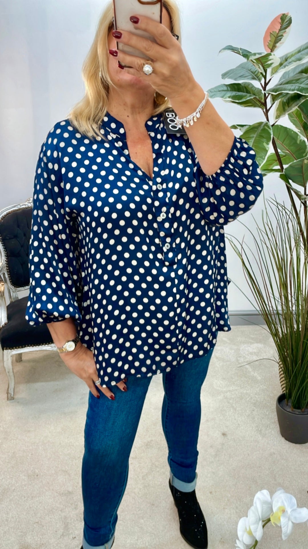 LADIES POLKA DOT SATIN BLOUSE SHIRT - NAVY, BROWN & BLACK