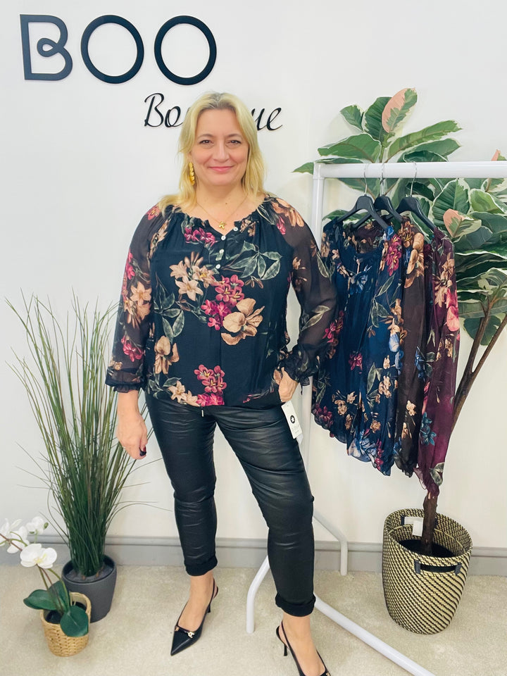 LADIES CHIFFON FLORAL PRINT BLOUSE - BROWN, NAVY, BLACK & WINE BURGUNDY