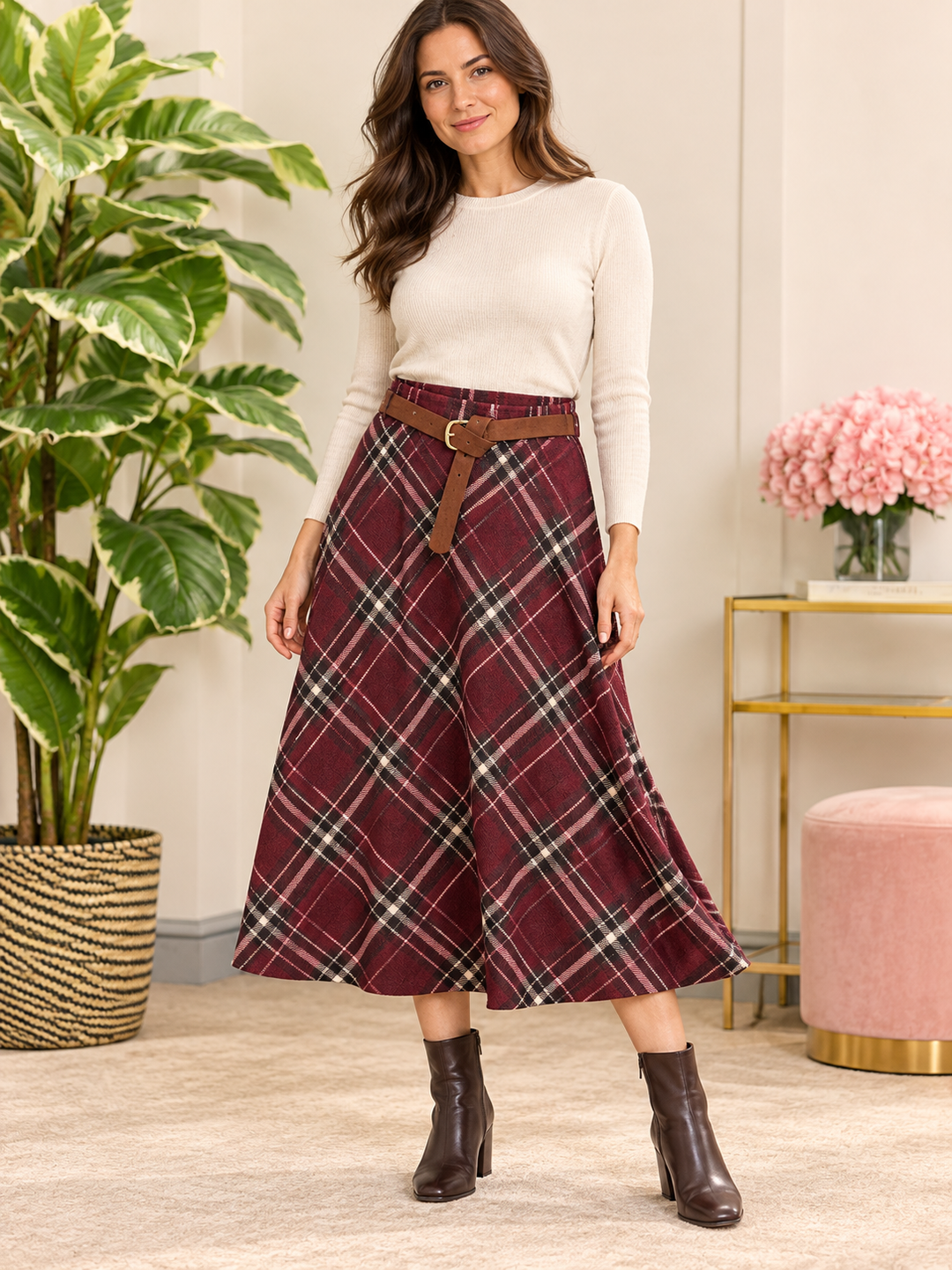 Womens tartan A line midi skirt - Wine, Blue & Khaki