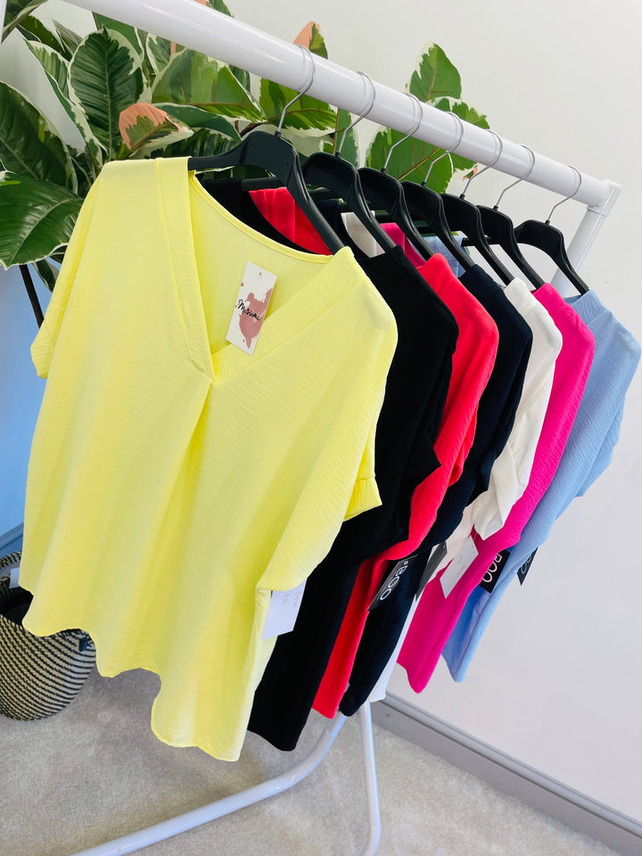 LADIES WOMENS CASUAL V NECK TOP - WHITE, BLACK, BLUE, PINK, YELLOW, NAVY, CORAL