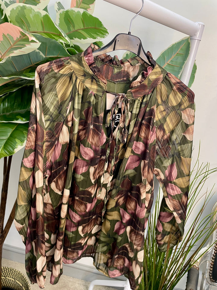LADIES LEAF PRINT CHIFFON BLOUSE TOP - BROWN, BLACK & KHAKI