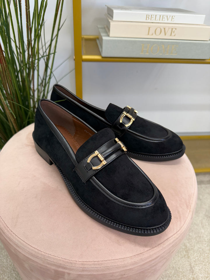 Ladies Fashion Black Faux Suede Flat Loafer Shoes 