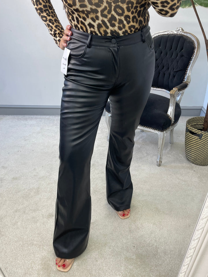 LADIES WOMENS BLACK PU FLARE JEANS TROUSERS JEANS