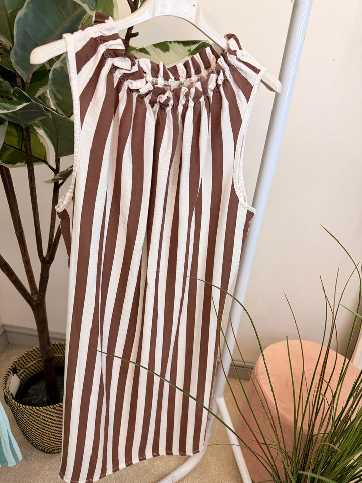 Ladies Candy Stripe High Neck Summer Sun Dress - Brown, Blue, Mint & Pink