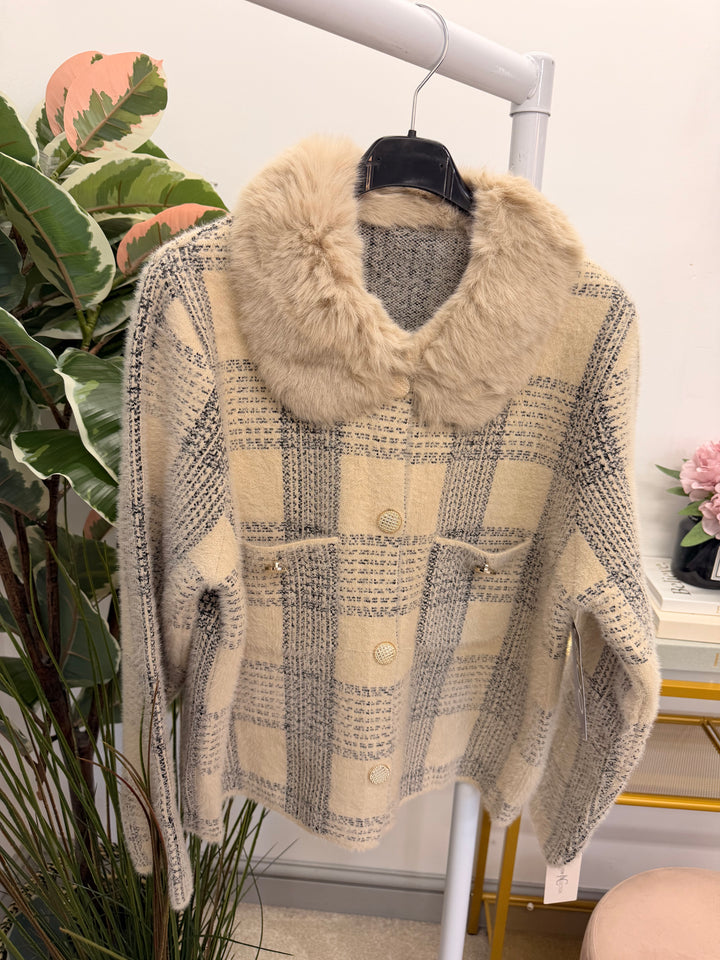 Ladies Fashion Fluffy Faux Fur Collar Cardigan Jacket - White, Black & Beige