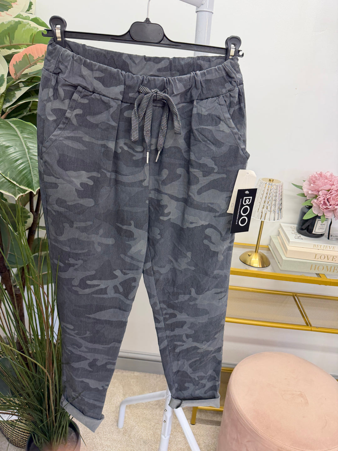 Ladies Fashion Camouflage Stretch Magic Trousers - Brown, Khaki & Grey 