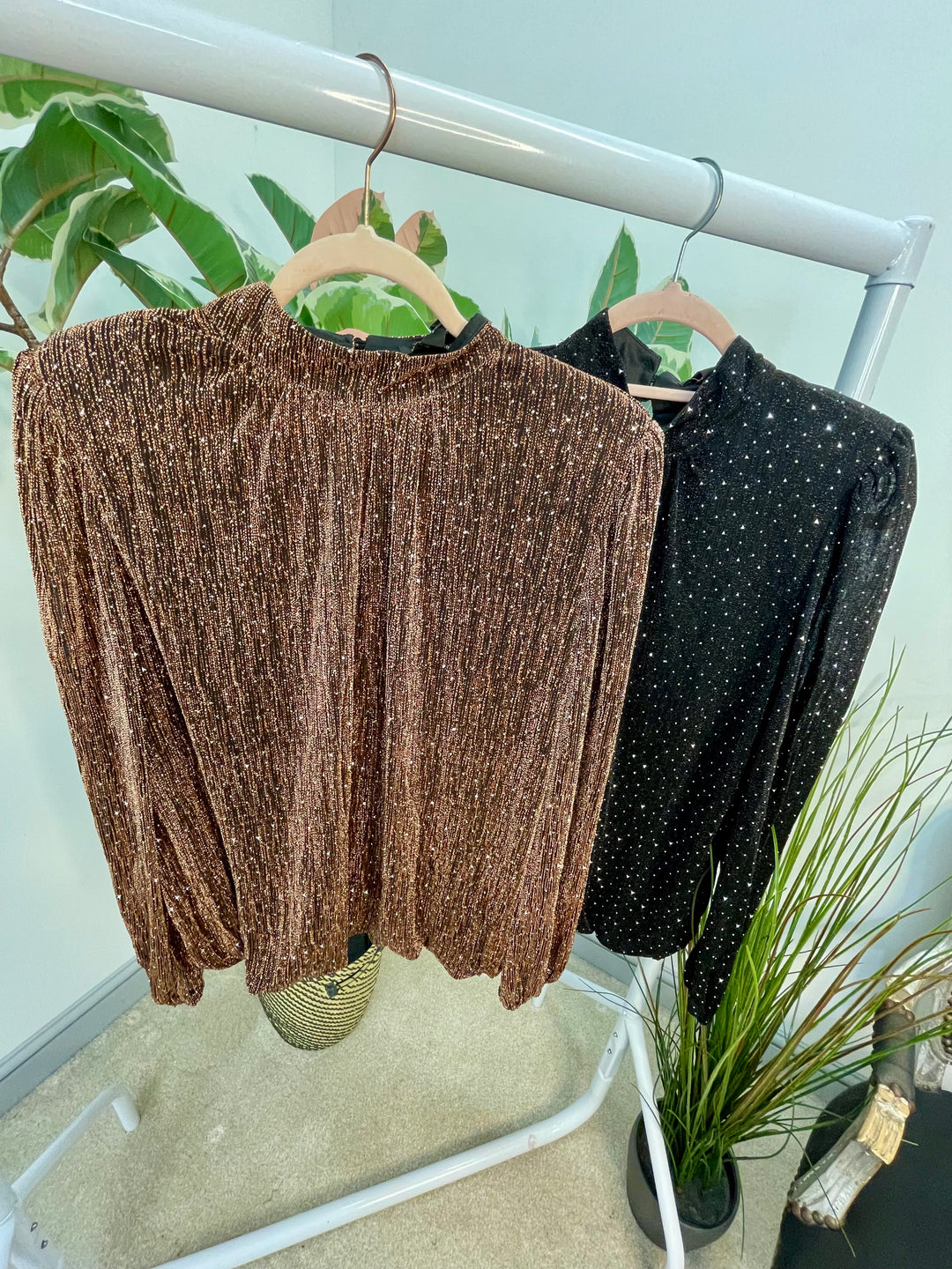 LADIES LUREX BLOUSON HIGH NECK TOP - BLACK & BRONZE