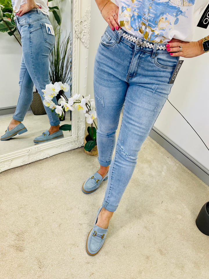 LADIES WOMENS BLUE DENIM DISTRESSED SKINNY ANKLE JEANS