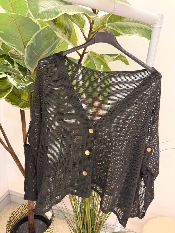 Ladies Fashion Tea Bag Linen Mesh Top Cardigan - Blue, Black, White, Lime & Pink