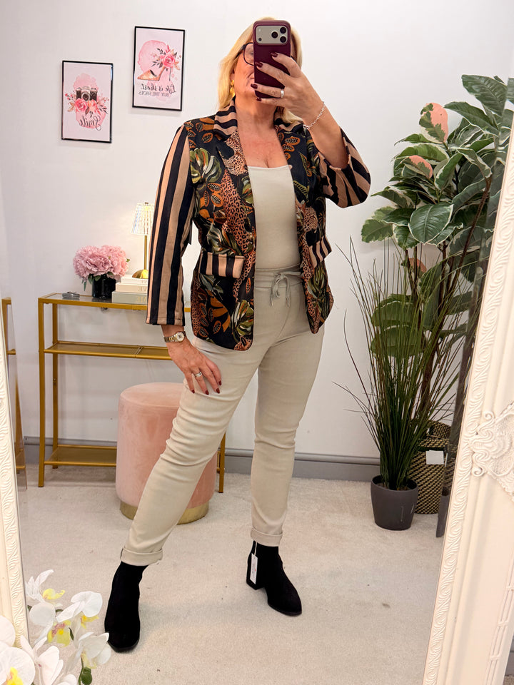 Womens Faux Suede Jungle Print Blazer Jacket - Burgundy & Black