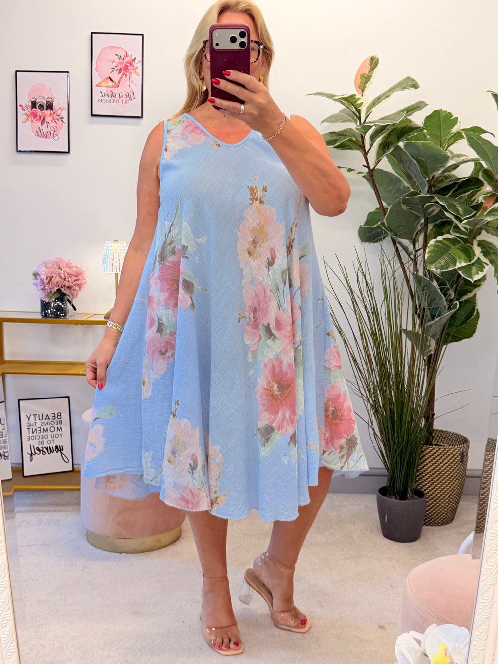 Ladies Flower Print Cotton Sun Dress - White, Pink, Blue