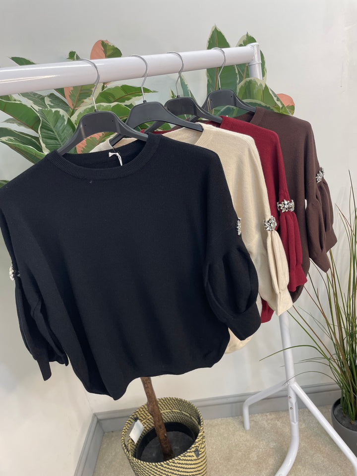 LADIES SOFT KNIT PUFF SLEEVE DIAMANTE JUMPER - BLACK, BURGUNDY, BEIGE & BROWN