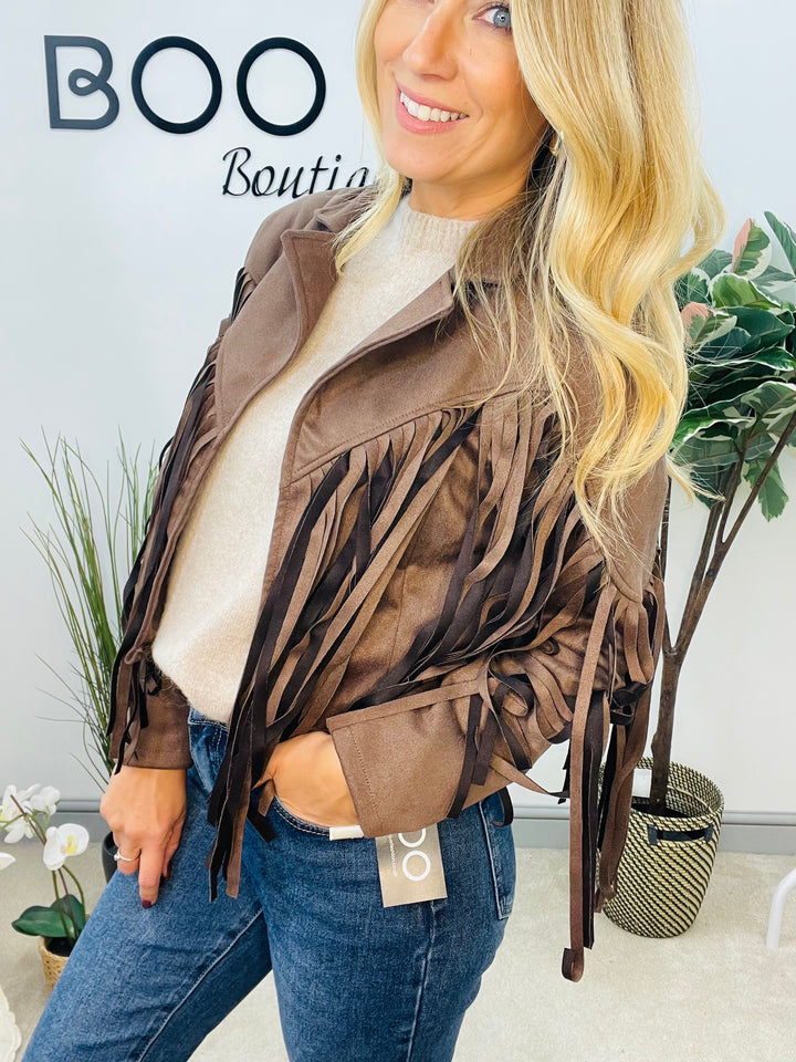 LADIES FAUX SUEDE FRINGED COWBOY BOLERO JACKET - WINE, BLACK, BEIGE & BROWN