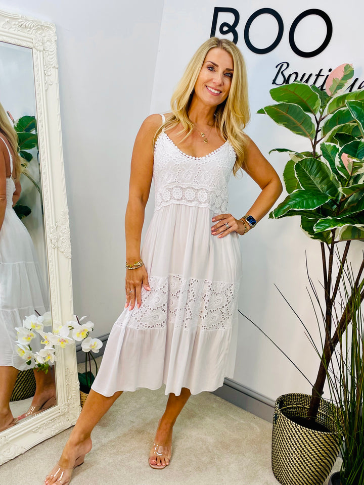 LADIES PRETTY BOHO FEMININE CROCHET DRESS - NAVY, WHITE & LEMON