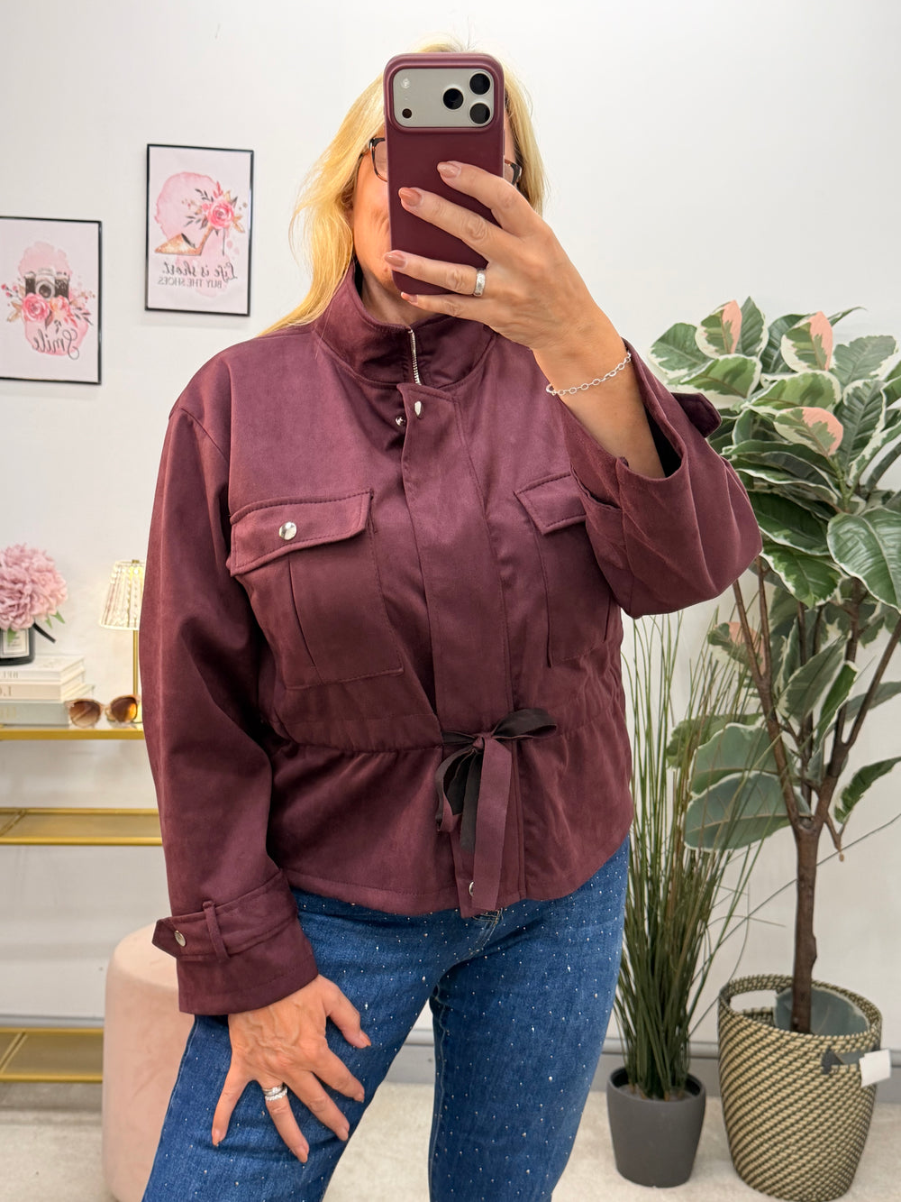 Ladies Fashion Faux Suede Short Safari Jacket - Brown, Black, Wine & Beige