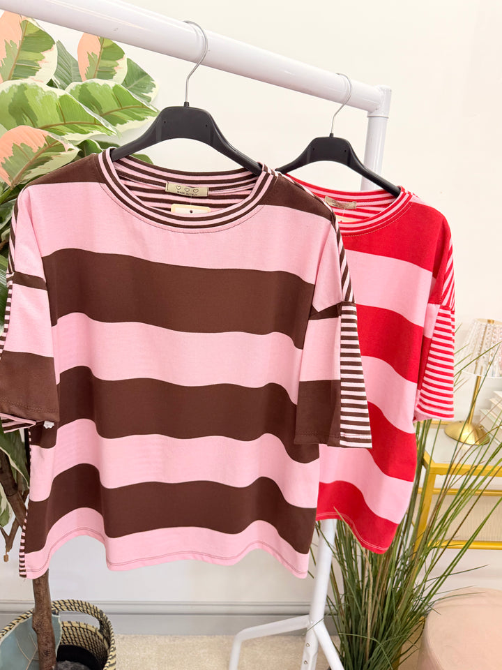 Ladies Colour Block Stripe T Shirt Top - Chocolate/Pink and Pink/Red