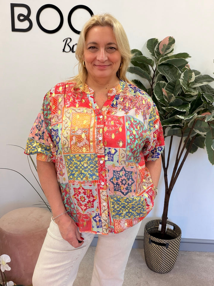 Ladies Red Orange Pink Short Sleeve Blouse Shirt