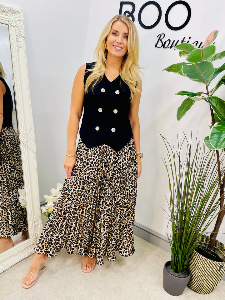 LADIES LEOPARD PRINT SATIN PLEATED MAXI SKIRT