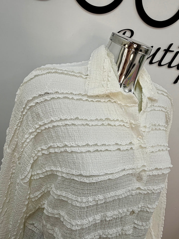 LADIES FRILL SHIRT BLOUSE - WHITE, BEIGE, PINK, LEMON, BLUE & BLACK