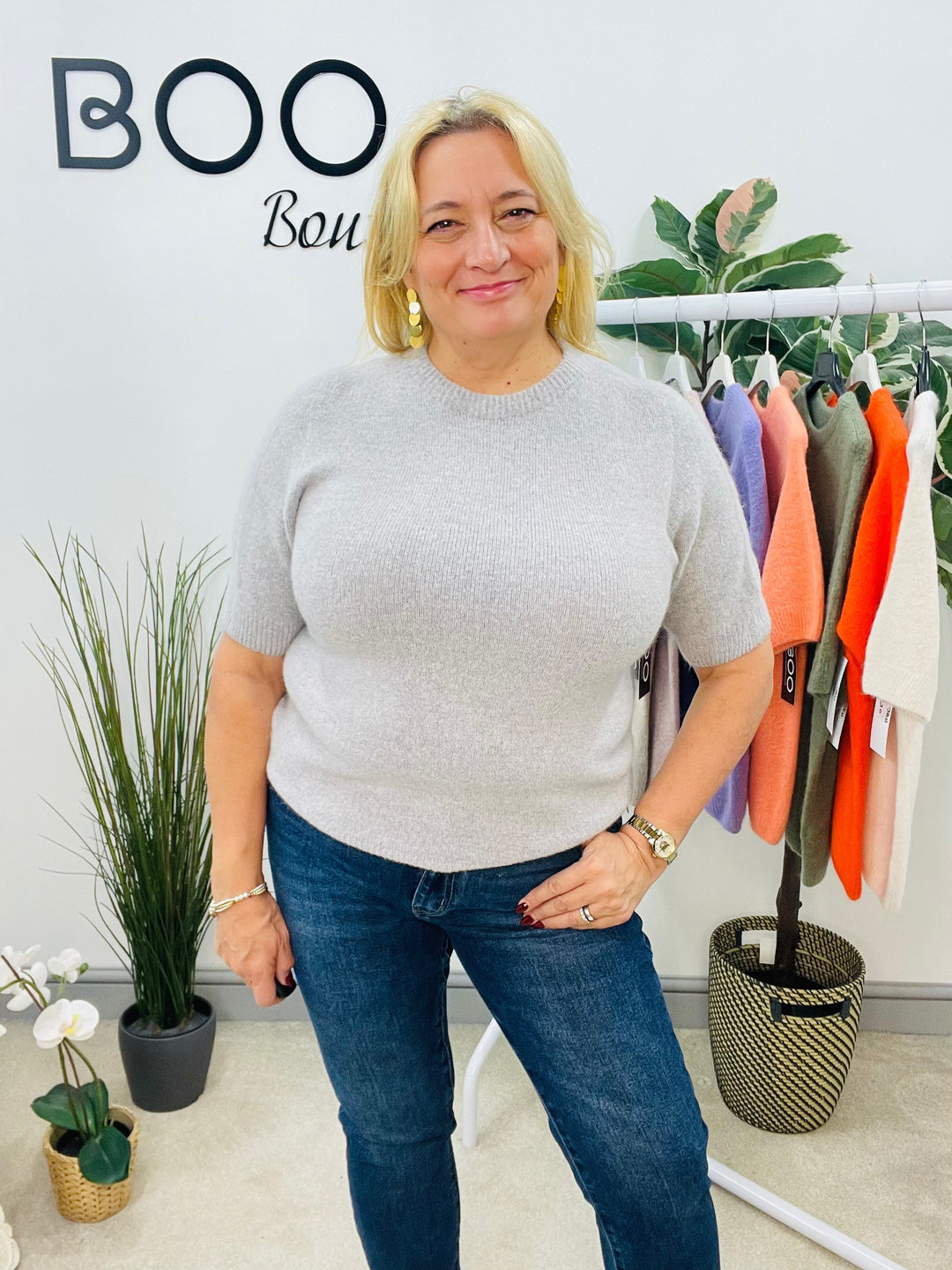 LADIES SOFT KNIT SHORT SLEEVE JUMPER SILVER GREY