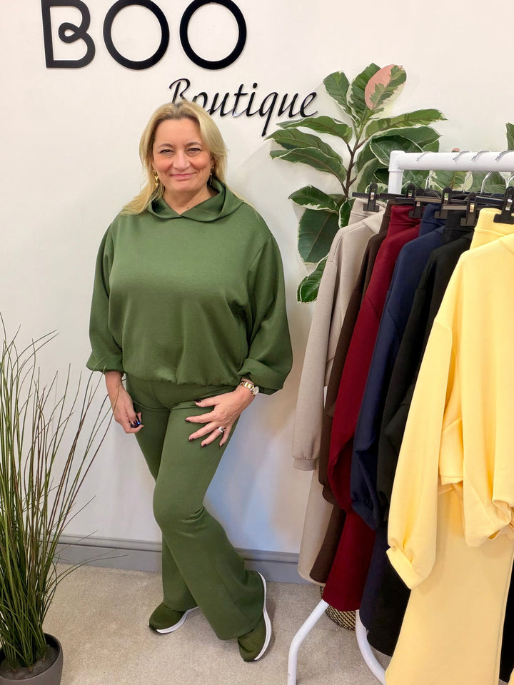 Ladies Fashion Flared Leg Tracksuit Co ord set khaki