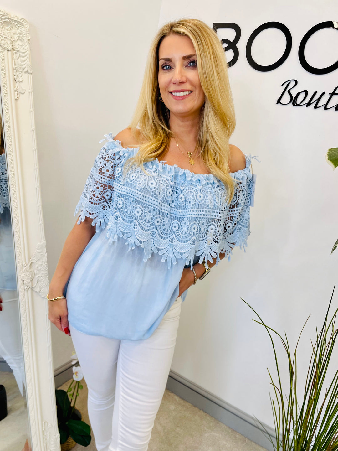 LADIES LACE CROCHET BARDOT SUMMER TOP - FUSCHIA, WHITE, PALE BLUE & PALE PINK