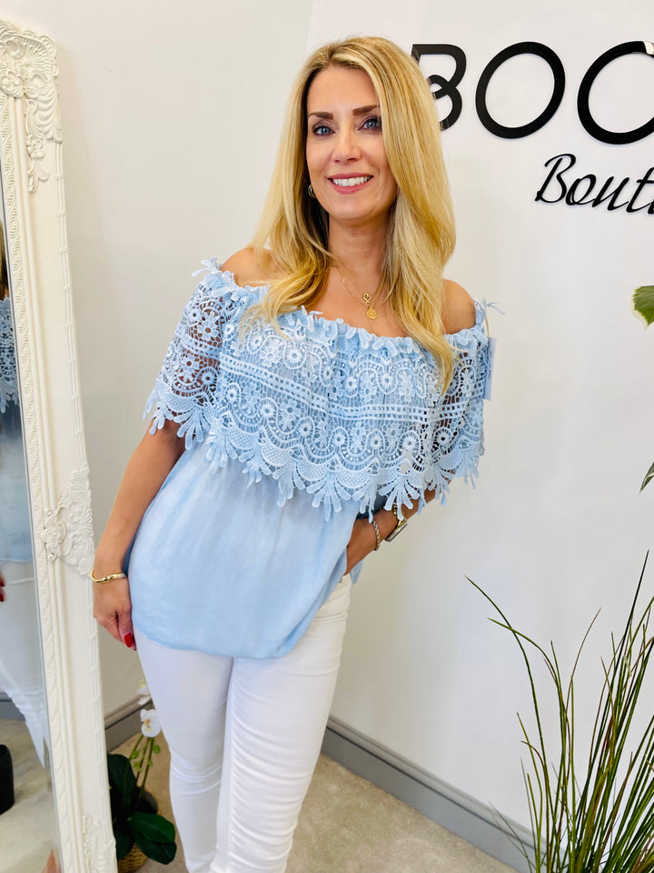 LADIES LACE CROCHET BARDOT SUMMER TOP - FUSCHIA, WHITE, PALE BLUE & PALE PINK