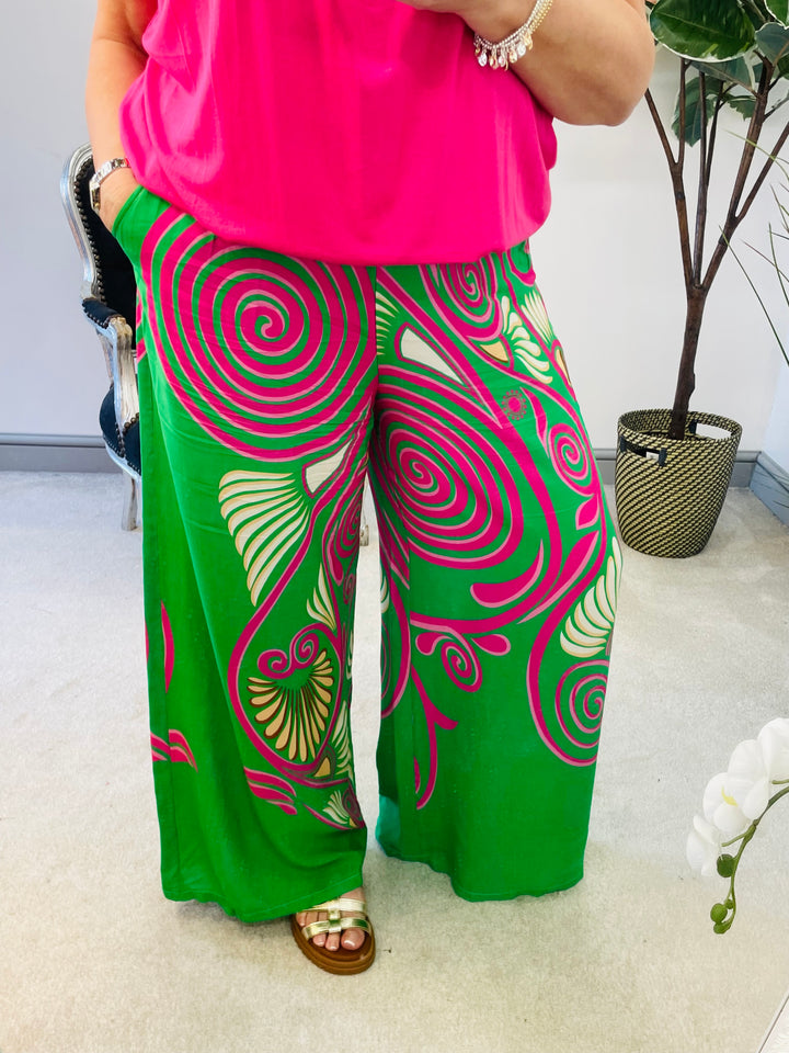 LADIES WOMENS GREEN WIDE LEG PALAZZO PANTS TROUSERS 