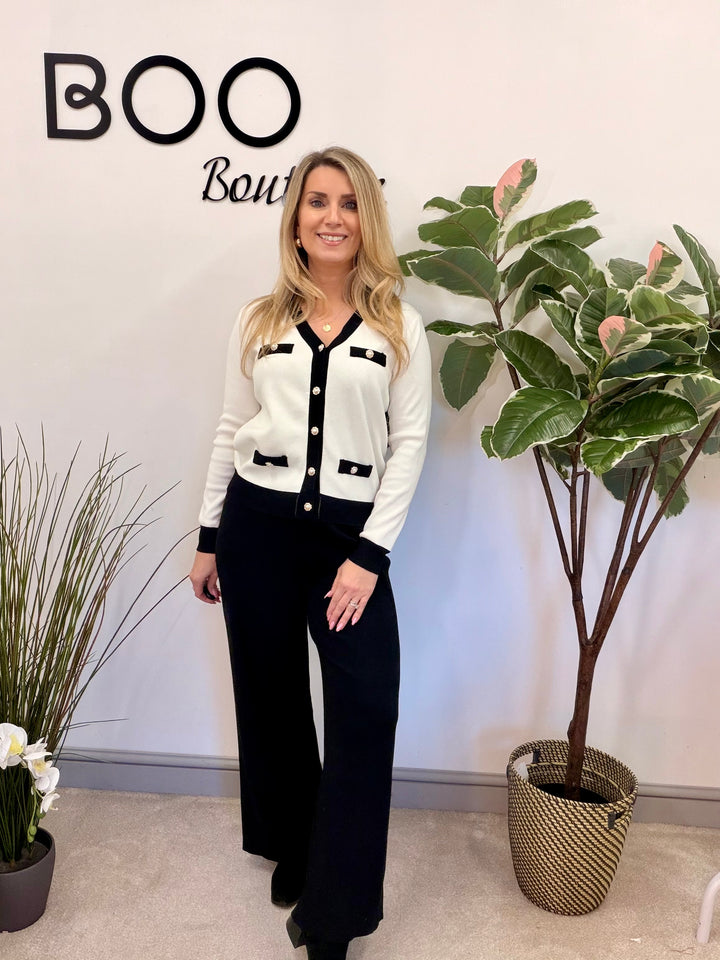 LADIES FASHION BLACK & WHITE MONOCHOME WIDE LEG TROUSER CO ORD SET