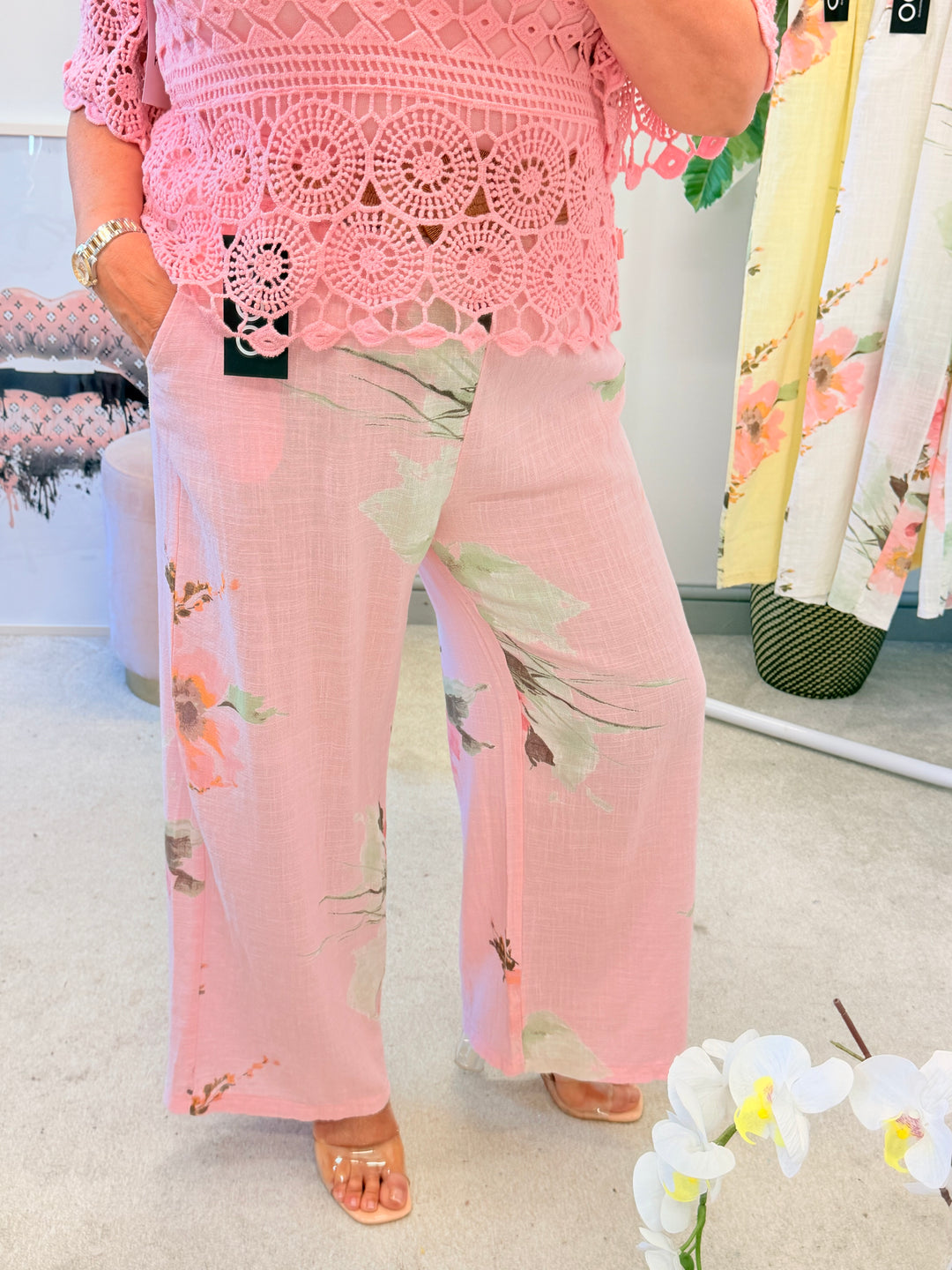 Ladies Fashion Flower Print Light Linen Wide Leg Trousers - White, Pink & Lemon