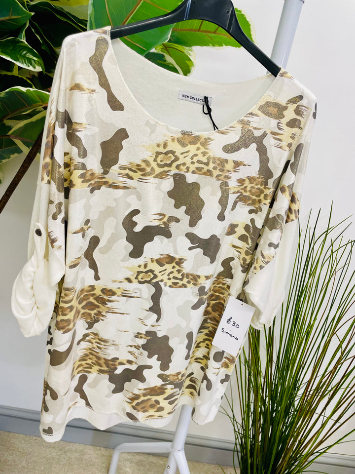 LADIES CAMO LUREX CASUAL TOP - WHITE, KHAKI & BEIGE