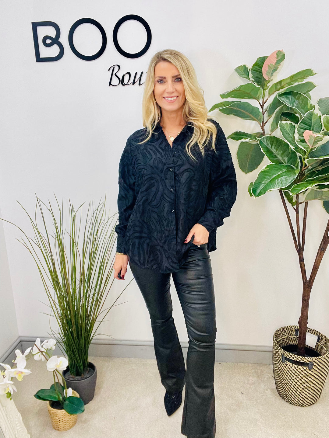 LADIES SMART SHIRT BLOUSE - BLACK & WINE BERRY